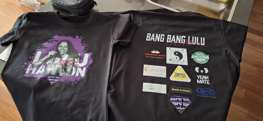 Louisa Hawton Bang Bang Lulu fight night T-shirts showing front and back graphics