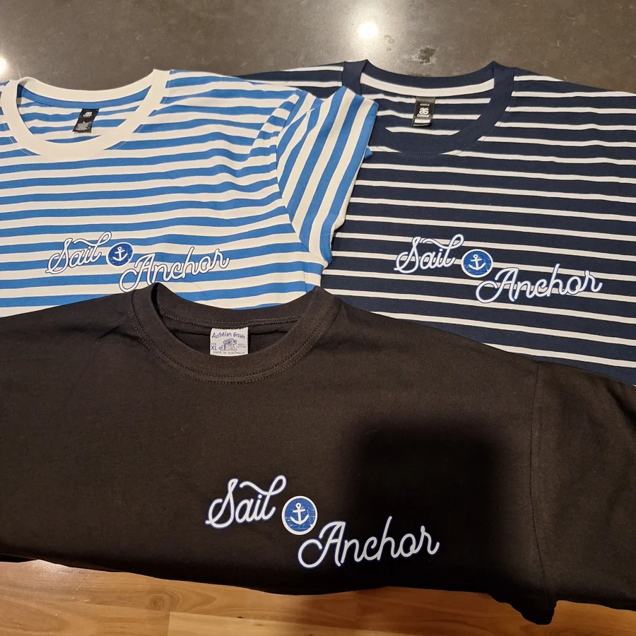 Sail and Anchor striped shirts and black apparel with printed branding