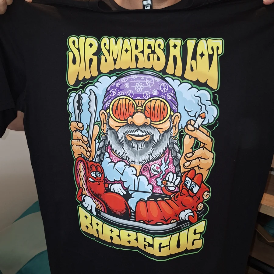 Sir Smokes a Lot BBQ illustrated print on a black T-shirt